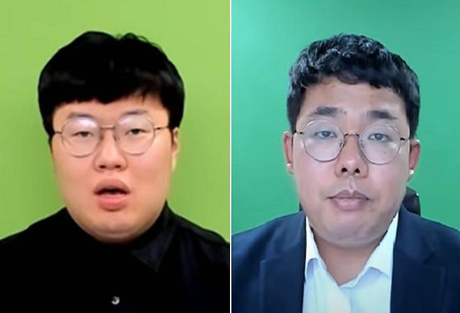 10일 유튜브 영상을 통해 '유관순 열사 비하'에 대해 사과하는 BJ봉준(왼쪽)과 오메킴. /유튜브