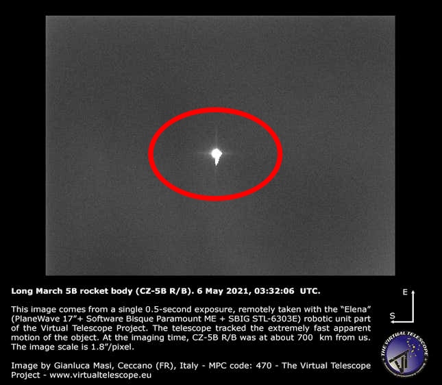 이탈리아의 천문학자들이 중국 창정5B 로켓 잔해로 추정되는 우주 물체의 이미지를 포착해 공개했다.