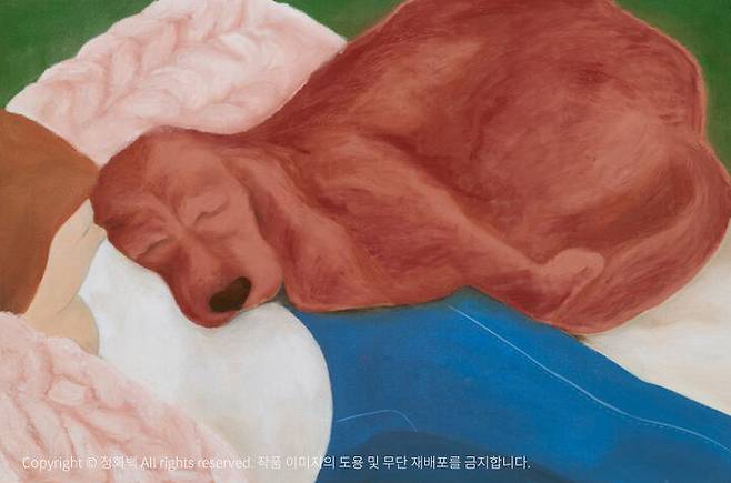 출처: 정화백 <Touching! a sleeping dog over my shoulder> 캔버스에 아크릴, 오일파스텔 41x61cm (12호), 2020