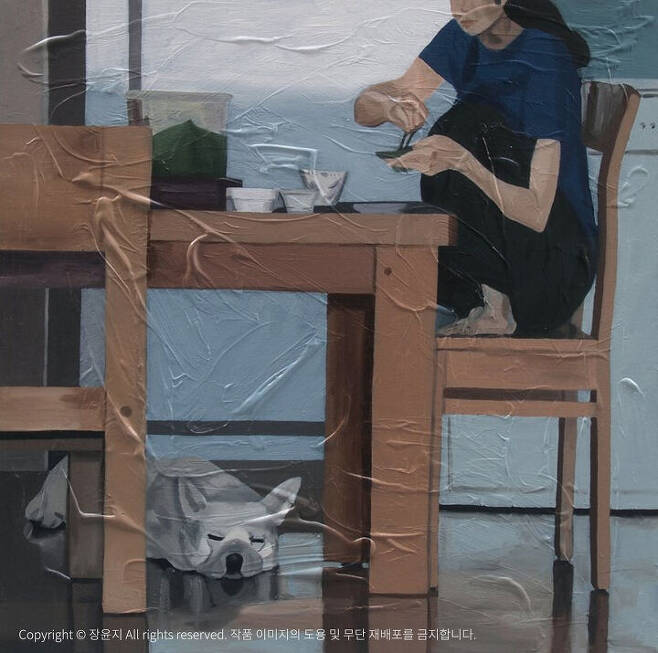 출처: 장윤지<쌈싸먹는 나와 자는 개>, 캔버스에 유채, 60x60cm, 2017