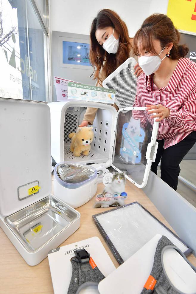 경기도 의정부시 쿠쿠 프리미엄스토어에서 고객들이 펫케어 제품 넬로 에어샤워&드라이룸, 급수·급식기 등을 살펴보고 있다.(전자신문 DB)