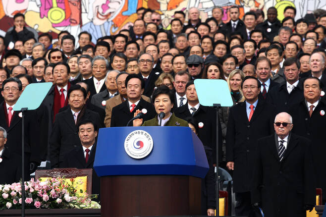 2013년 2월 국회 앞에서 열린 취임식에 참석한 박근혜 당시 대통령. ⓒ시사IN 이명익