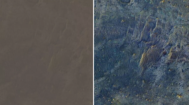 미국항공우주국(NASA) 화성정찰궤도선(MRO)이 궤도선에서 바라본 화성의 모습(왼쪽)과 이를 보정한 사진(오른쪽)
