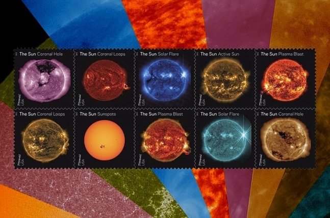 ‘태양과학’ 우표 세트. 태양 활동의 특징을 보여주는여러 이미지를 다양한 파장으로 잡아내 강렬한 색상으로 태양을 묘사하고 있다.(출처: USPS via collectSPACE.com)