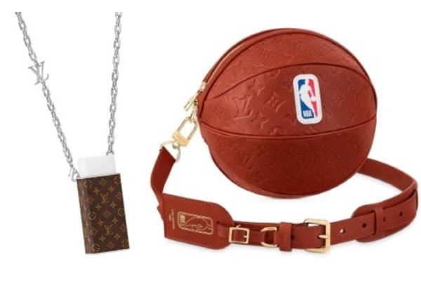 루이비통이 선보인 지우개 목걸이(왼쪽) / 루이비통이 `루이비통 X NBA 캡슐 컬렉션`으로 선보인 `볼 인 배스킷` 백(오른쪽) [사진 제공 = 루이비통]