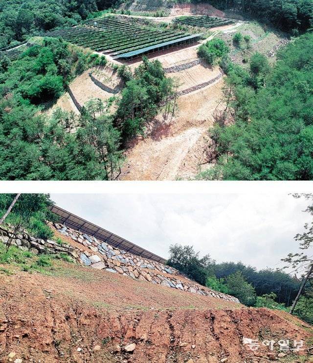 산청군 생비량면의 한 시설은 무너진 비탈면은 복구했지만 녹화 작업이 이뤄지지 않아 위험하다(위 사진). 이곳엔 아직 여름 장마도
시작되지 않았는데 땅 파임 현상도 나타나고 있다(아래 사진). 산청=양회성 yohan@donga.com·김태성 기자
