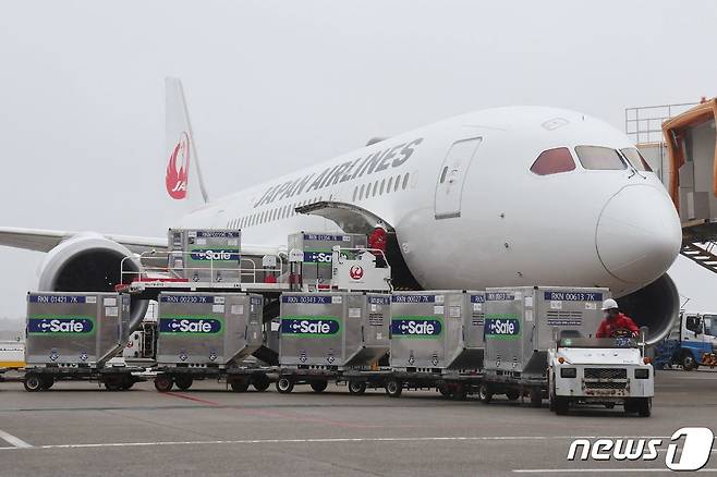 일본에서 두 남성이 대만으로 보낼 백신을 비행기에 실고 있다. 2021.06.04 © AFP=뉴스1