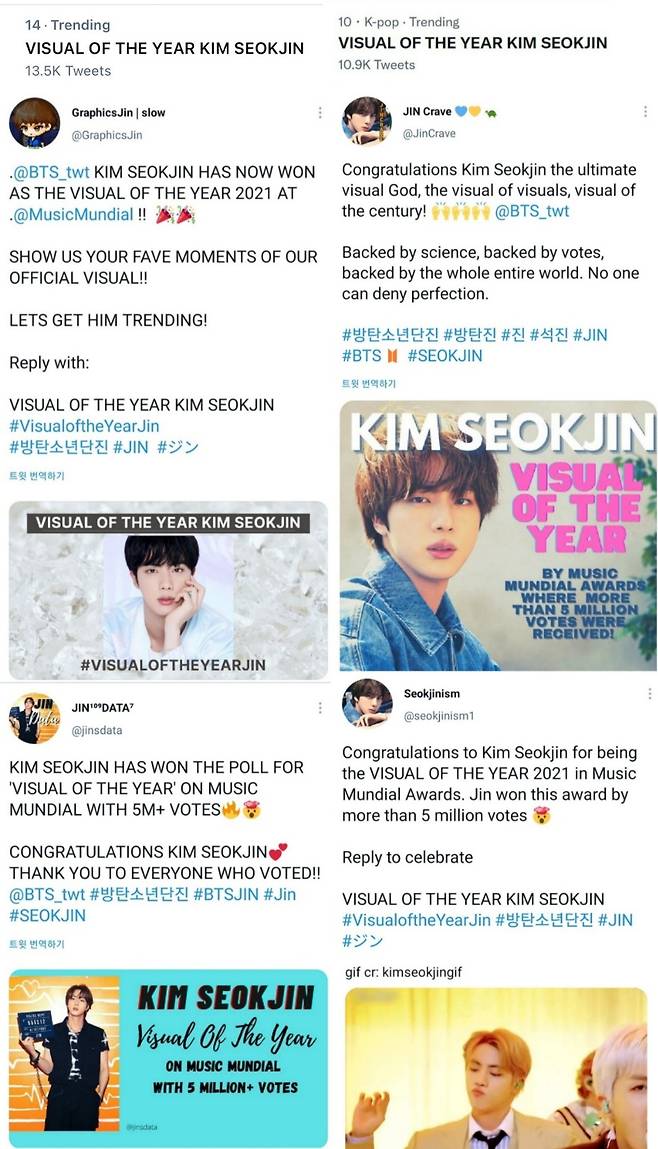 'VISUAL KING' 방탄소년단 진, 'KPOP VISUAL OF THE YEAR 2021' 1위..올해 벌써 비주얼 투표 6관왕