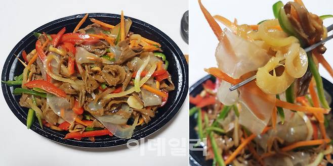 볶은 재료와 삶은 면과 채 썰은 채소를 접시에 잘 담고 겨자 소스를 마저 부어 서로 잘 버무려 준다. 짭짤한 콩단백과 쫄깃한 양장피 면과 시원 아삭한 채소의 맛 조화가 좋다. 알싸한 겨자 소스가 산뜻한 풍미를 더욱 살려준다. 입맛이 없을 때 종종 먹어야겠다.(사진=김범준 기자)