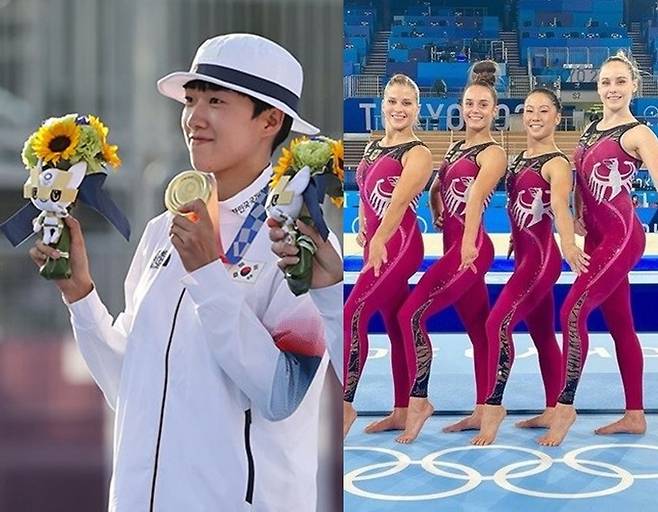 (왼쪽)도쿄 올림픽 2관왕 안산 선수/사진=뉴스1, (오른쪽)유니타드를 입은 독일 기계체조 선수들/사진=파울라 쉬퍼 인스타그램