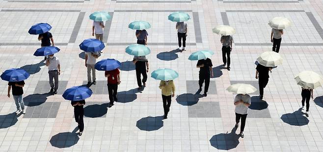 대전 서구의 공무원들이 지난달 25일 구청광장에서 양산을 써보이고 있다. 서구는 구청과 동 행정복지센터에 양산대여소를 설치하는 등 ‘양산 쓰기’ 운동을 벌이고 있다.  대전 서구 제공