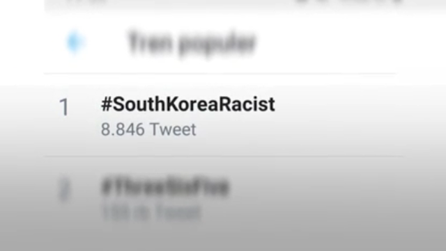인도네시아 SNS에서 인기 주제 1위에 오른 '#한국은 인종차별주의자' 해시태그. SNS 캡처