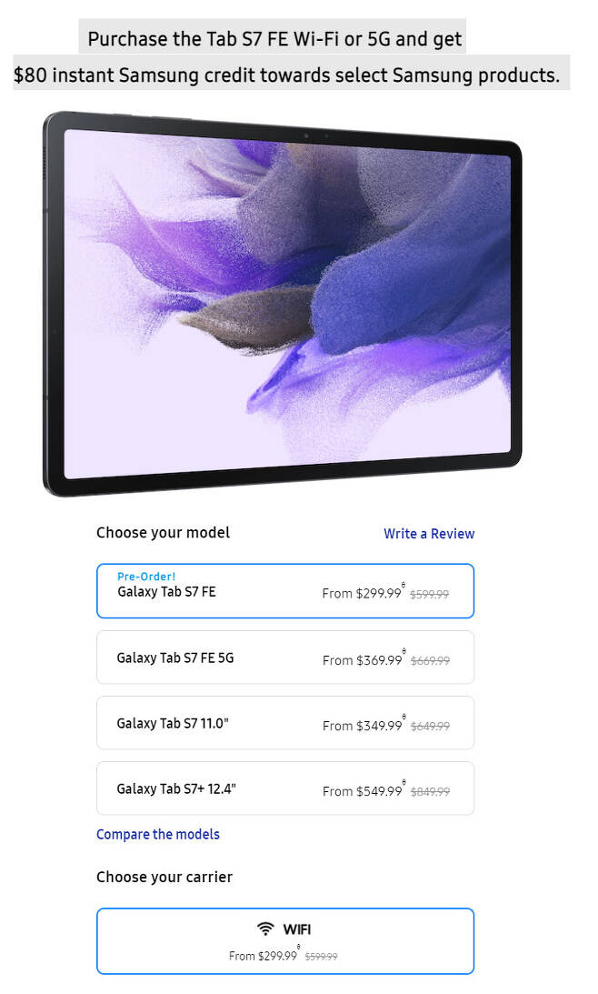 삼성전자는 최근 미국 공식 홈페이지에서 태블릿 ‘갤럭시 탭S7 FE(팬에디션)’ 와이파이 모델의 예약 판매를 시작했다. [삼성전자 미국 홈페이지 캡처]