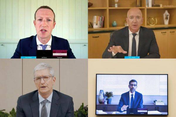 2020년 미국 연방의회 청문회에 화상으로 불려 나온 미국 4대 '빅테크' 기업들의 수장. 사진 위 왼쪽부터 시계방향으로 마크 저커버그 페이스북 CEO, 제프 베이조스 아마존 CEO, 순다르 피차이 구글 CEO, 팀 쿡 애플 CEO/조선일보DB