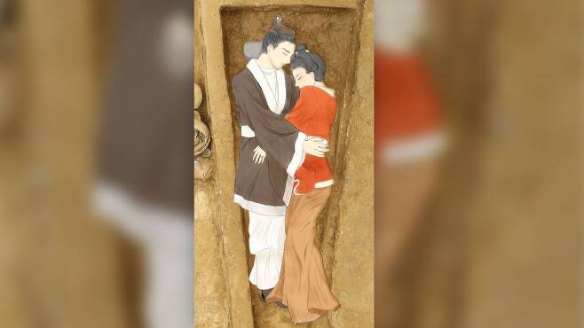 중국 산시성에서 발견된 1500년 전 남녀의 유골. 서로를 포옹하는 자세로 매장됐다.