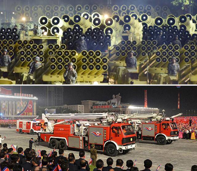 지난해 10월 당 창건 75주년을 기념 열병식에서 다연장 로켓포 등 각종 신형 무기 체계가 등장하고 있다(위). 9일 새벽 열병식에서 독일 메르세데스-벤츠에서 생산한 차량과 동일한 형태의 소방차 종대가 등장하고 있다. 평양=노동신문 뉴스1·조선중앙통신 연합뉴스