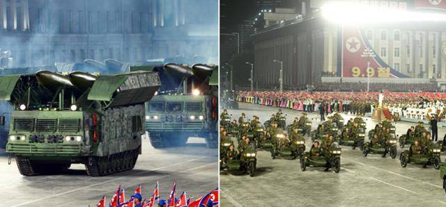 지난해 10월 노동당 창건 기념 열병식에서 KN-23 단거리 탄도미사일이 행진하고 있다(왼쪽). 9일 새벽 진행된 열병식에서 오토바이에 사이드카를 연결한 사회안전군 종대가 행진을 하고 있다. 평양=노동신문 뉴스1
