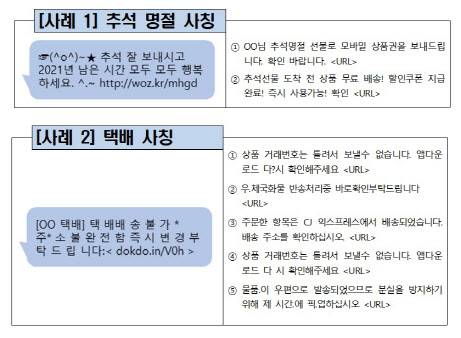 스미싱 문자 사례(자료=과학기술정보통신부 제공)