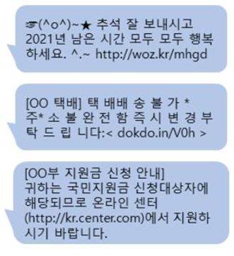 정부 부처가 추석 연휴를 앞두고 선물(택배) 배송 확인, 국민지원금 등을 사칭한 스미싱이 증가할 것으로 예상된다며 12일 이용자 주의를 당부했다. 위부터 추석 명절 인사, 택배 안내, 국민지원금 신청 안내를 사칭한 스미싱 문자