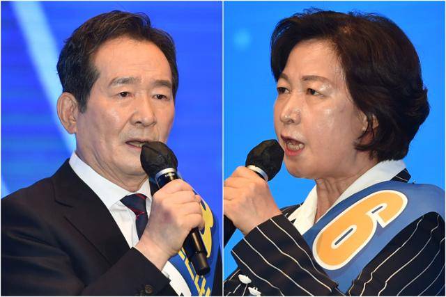 정세균 전 국무총리(왼쪽)과 추미애 전 법무부 장관이 11일 더불어민주당 대선후보 경선 대구·경북 합동연설회에서 정견발표를 하고 있다. 뉴스1