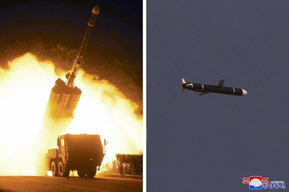 불 뿜는 이동식 발사대… 北 “126분간 비행” - 조선중앙통신은 13일 북한 국방과학원이 지난 11일과 12일 새로 개발한 신형 장거리 순항미사일을 시험 발사한 결과 7580초(126분) 비행해 1500㎞ 표적을 명중했다고 보도했다. 왼쪽 사진은 이동식 발사대(TEL)에서 순항미사일이 발사되는 장면이고 오른쪽 사진은 발사된 미사일이 비행하는 모습이다.평양 조선중앙통신·연합뉴스