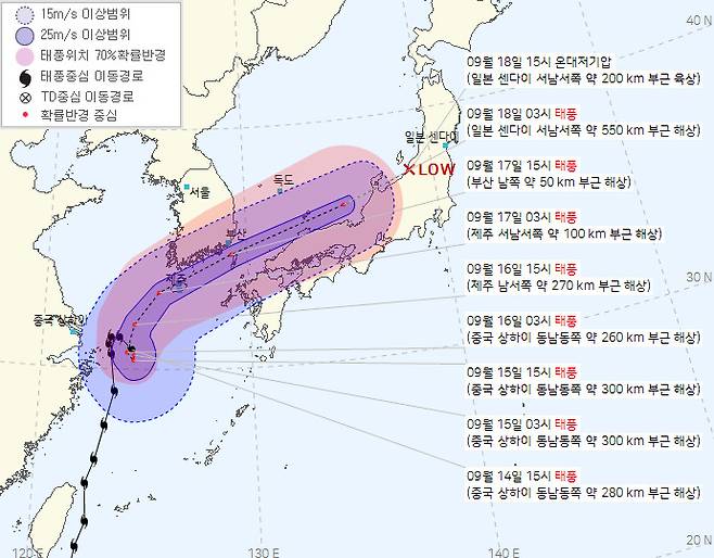14일 오후 4시 기준 제14호 태풍 '찬투(CHANTHU)' 예상 진로도.(기상청 제공)© 뉴스1