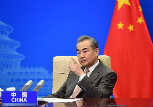 [서울=뉴시스]중국 왕이 외교부장이 29일 이탈리아 마테라에서 열린 G20외교장관 회의에 화상으로 참석했다. (출처: 중국 외교부) 2021.6.29. *재판매 및 DB 금지