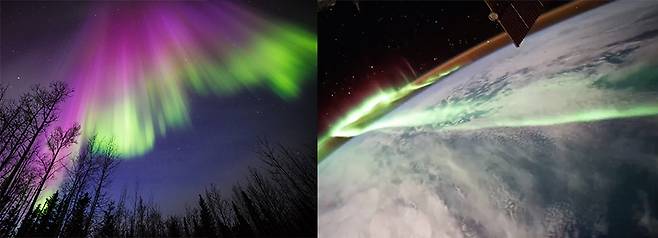 <알레스카에서 촬영된 오로라(왼쪽)와 우주에서 촬영된 오로라. 사진=courtesy of Sebastian Saarloos/NASA, Thomas Pesquet 트위터>