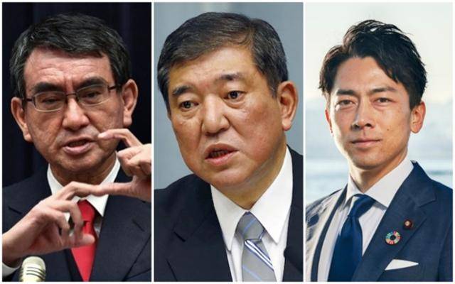일본 자민당 총재 선거에 입후보한 고노 다로(왼쪽부터) 행정개혁담당장관과 그를 지지한 이시바 시게루 전 자민당 간사장, 고이즈미 신지로 환경장관. 로이터 AP 연합뉴스, 고이즈미 신지로 홈페이지