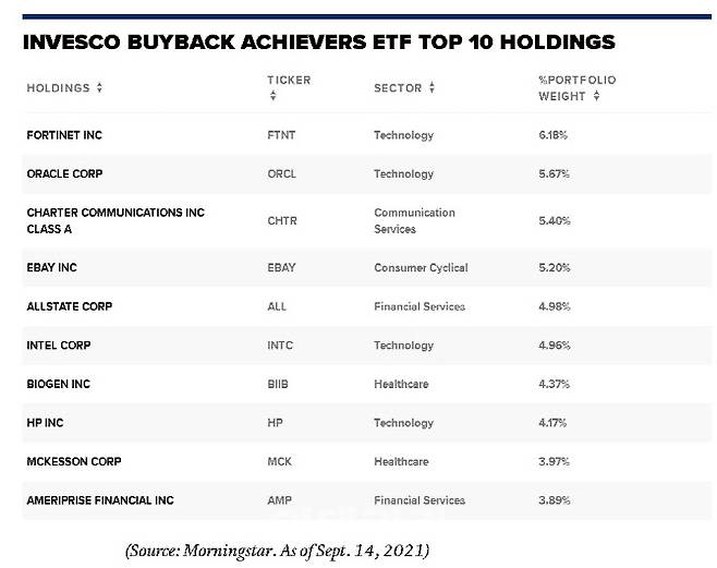 사진은 14일 기준 ‘인베스코 바이백 어치버스 ETF’의 점유율 상위 10개 종목이다. (사진= CNBC 캡처)