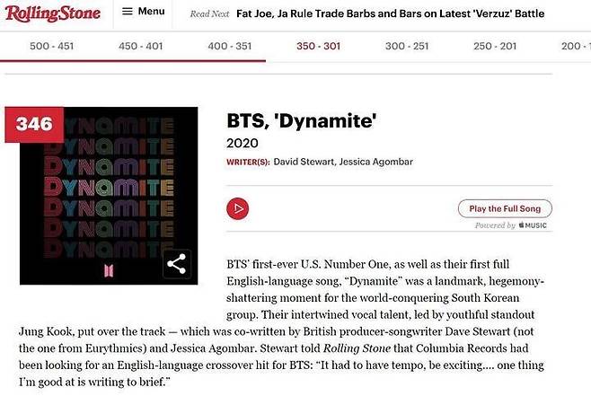 Rolling Stone’s blurb about BTS’ song “Dynamite” (Rolling Stone website)