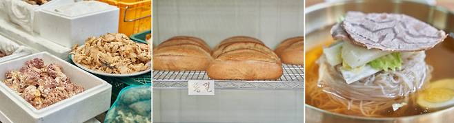 가을, 버섯의 계절이 시작됐다. 상설시장 입구에서는 빵집을 기억하자. 9월의 만족스러운 식사로 기록된 봉화의 평양냉면(왼쪽 사진부터).