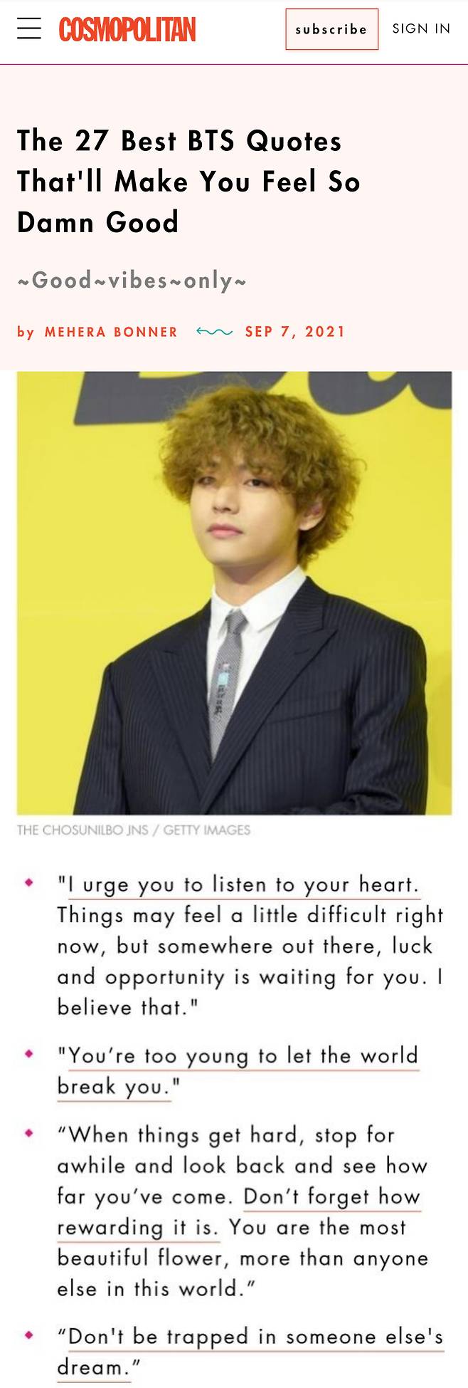 "다른 사람의 꿈에 갇히지 마십시오" 방탄소년단 뷔, ADB 美대사도 주목한 글로벌 영리더 '영감의 조언'