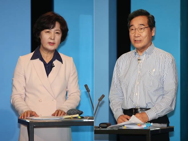 추미애 더불어민주당 후보(왼쪽)가 호남권 TV토론회에서 이낙연 후보를 공개적으로 비판했다.   연합뉴스