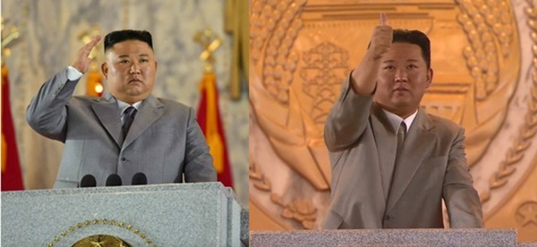 김정은 북한 국무위원장의 지난해 10월 모습(왼쪽)과 지난 9일 열병식 행사에 참여한 모습. 조선중앙통신, 조선중앙TV 화면