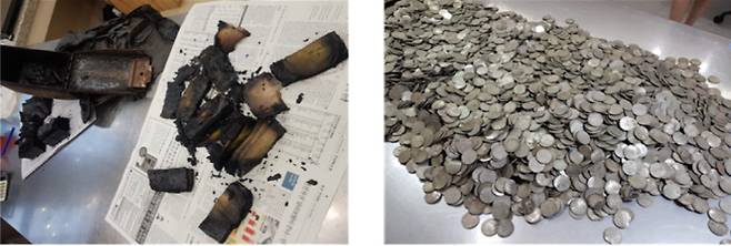 (왼쪽)전주에서 화재로 5790만원이 훼손된 지폐의 모습과 제주 00테마파크 연못에서 건져 올린 112만3000원 상당의 훼손된 동전들.
