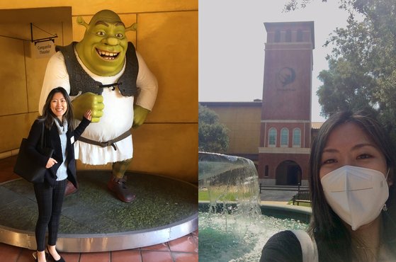 드림웍스 한국인 디자이너 최지영씨. 왼쪽은 대학생이던 2019년 드림웍스 캠퍼스에 투어를 갔을 때, 오른쪽은 2021년 입사 후 노트북 수령을 위해 딱 한 번 드림웍스 캠퍼스를 방문했을 때 찍은 사진. 사진 최지영씨
