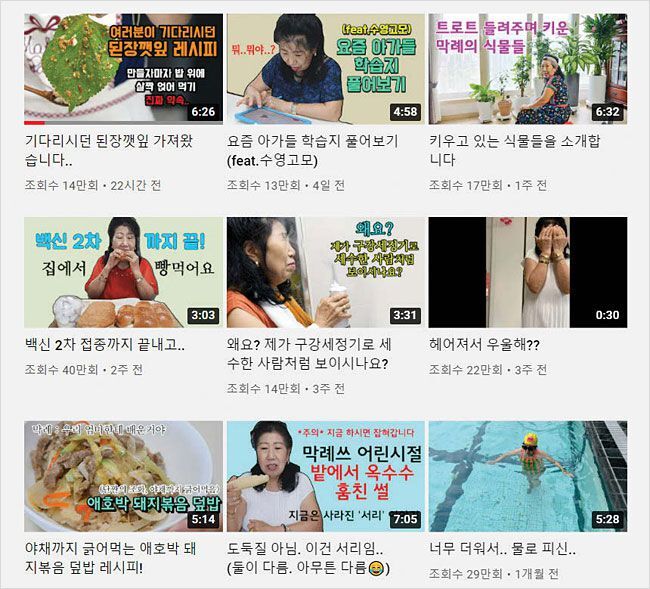 박막례 할머니 유튜브 채널에 올라온 다양한 영상들. / 유튜브