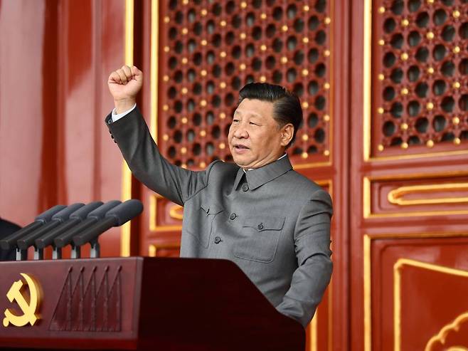[베이징=신화/뉴시스]시진핑 중국 국가주석이 1일 베이징에서 열린 중국 공산당 창당 100주년 기념식에 참석해 연설하고 있다.