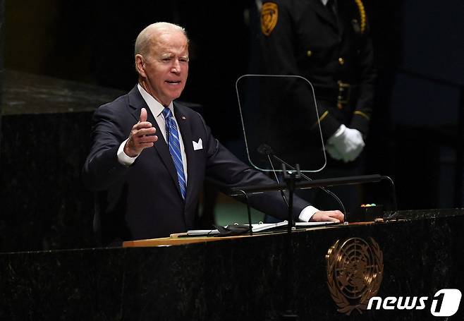 조 바이든 미국 대통령이 21일 유엔총회에서 연설하고 있다. © AFP=뉴스1