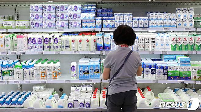 20일 서울시내 한 대형마트에서 시민이 우유을 구매하고 있다. 다음 달부터 우윳값이 오를 것으로 전망되 우유 관련 제품 가격이 연달아 오르는 이른바 '밀크플레이션'에 대한 우려가 나오고 있다. 지난 17일 낙농진흥회는 원유 가격 인상을 결정하고 우유 가격을 변경한 청구서를 각 우유업체에 보냈다. 이달 1일부터 생산된 원유 가격을 1리터에 21원씩, 2.3% 올린다는 내용으로 업체 관계자는 "원유가격 변동 한달 후 쯤 제품가격이 조정된다＂고 밝혀 다음 달부터 우유 소비자가격이 인상될 예정이다. 2021.8.20/뉴스1 © News1 박세연 기자