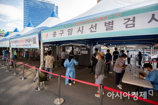 코로나19 신규 확진자가 1716명 발생하며 사흘연속 1700명대를 이어가고 있는 23일 서울역 광장에 마련된 임시선별검사소를 찾은 시민들이 검사를 받기 위해 대기하고 있다./강진형 기자aymsdream@