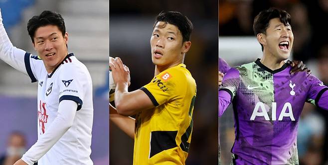 보르도의 공격수 황의조가 같은 날 열린 2021~2022 프랑스 리그1 7라운드 몽펠리에전에서 골을 넣은 뒤 기뻐하고 있다.(왼쪽 사진) 울버햄프턴 황희찬이 23일 영국 울버햄프턴 몰리뉴 스타디움에서 열린 2021~2022 카라바오컵 32강 토트넘과의 경기에서 승부차기를 준비하고 있다(중간 사진). 몽펠리에·울버햄프턴 | 로이터·AFP연합뉴스