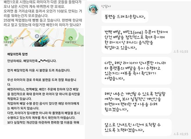 지난달 24일 김모(29)씨가 배민1(배민원)으로 주문한 음식이 40분 이상 늦어진 상황에 대해 배달의민족 측 상담사와 대화 나눈 내용. /김씨 측 제공
