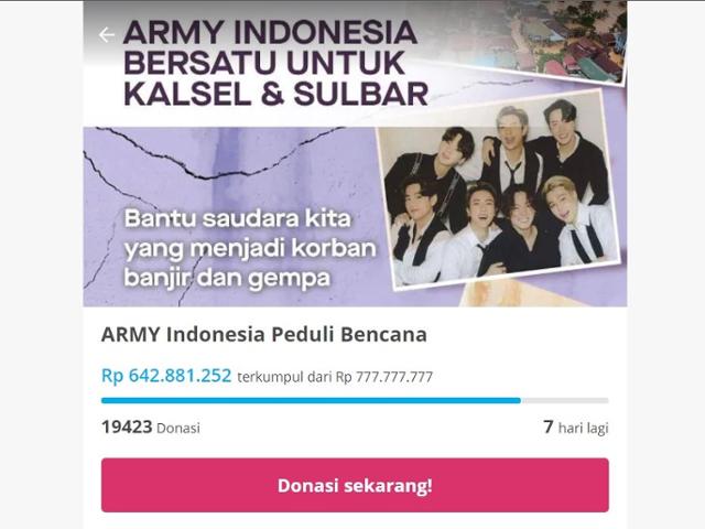 방탄소년단(BTS) 팬클럽 '아미 인도네시아' 회원들이 올해 1월 자연재해 구호를 위해 올린 온라인 기부 창구. 키타비사 캡처