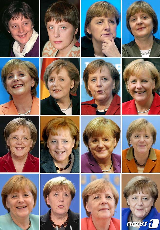 앙겔라 메르켈 독일 총리가 처음 연방의회 의원에 당선한 1991년(좌측 상단부터)과1994년 그리고 2003년부터 2016년까지의 모습. 2005년 총리에 취임해 4선 16년간 집권한 메르켈 총리는 오는 26일 총선 이후 정계 은퇴를 앞두고 있다. © AFP=뉴스1 © News1 최서윤 기자