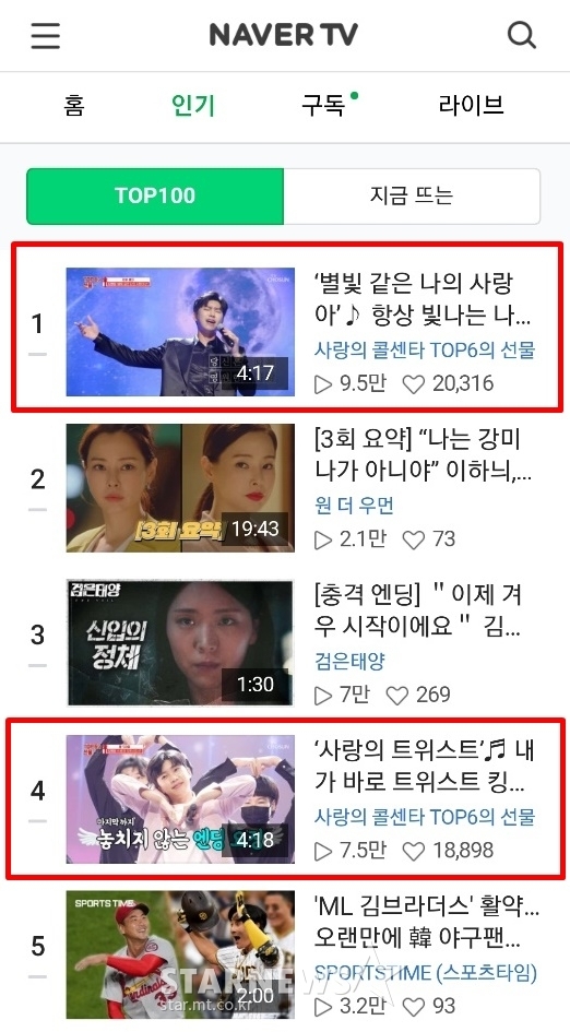 임영웅 사랑의 콜센타 '별나사' 공개 2일째 네이버TV 1위..3개 영상 톱10 '독보적'