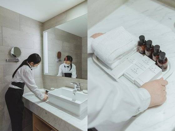 현지용 학생모델이 객실 어메니티를 정리했다. 샴푸·컨디셔너·바디워시·보디로션·비누·빗·면봉·수건 등이 포함된 어메니티는 호텔에서 많이 쓰이는 소모품 중 하나다.