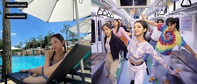 (왼쪽) 로지가 인스타그램에 올린 반얀트리호텔 오아시스 이미지 (오른쪽) 로지의 신한라이프 TV광고 영상의 한 장면