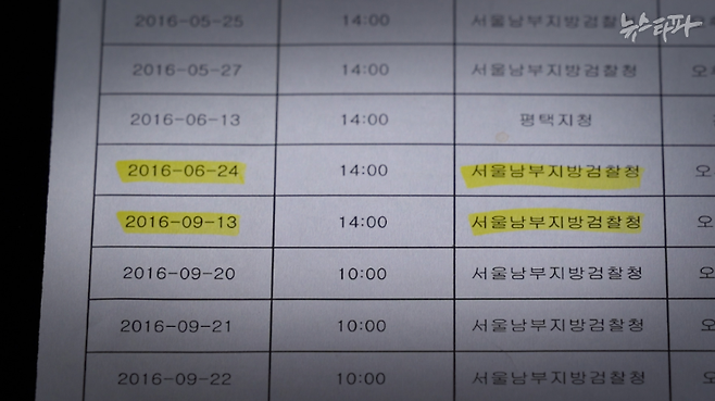 박진우(가명)의 출정 기록. 2016년 6월 24일부터 9월 13일 사이 출정을 간 내역이 없다. 